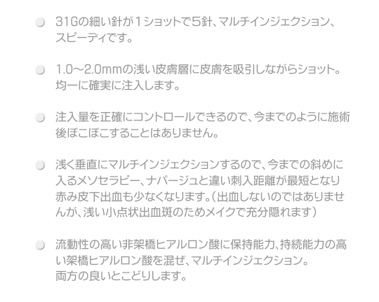 31Gの細い針が1ショットで5針、フラクショナルインジェクション、スピーディです。1.0~2.0mmの浅い皮膚層に皮膚を吸引しながらショット。均一に確実に注入します。注入量を正確にコントロールできるので、今までのように施術後ぼこぼこすることはありません。浅く垂直にマルチインジェクションするので、今までの斜めに入るメソセラピー、ナパージュと違い刺入距離が最短となり赤み皮下出血も少なくなります。(出血しないのではありませんが、浅い小点状出斑のためメイクで充分隠れます)